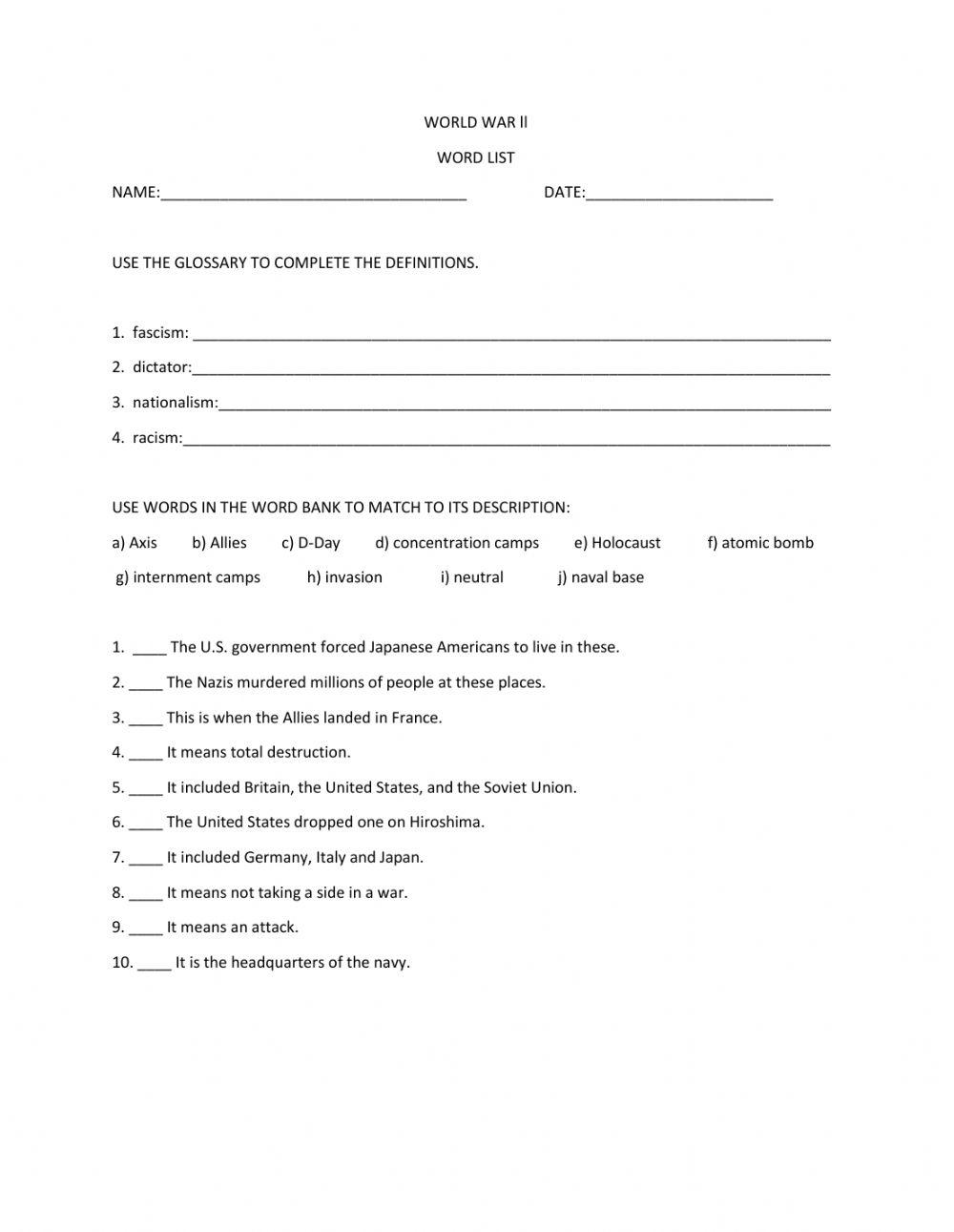 WW ll worksheet Live Worksheets