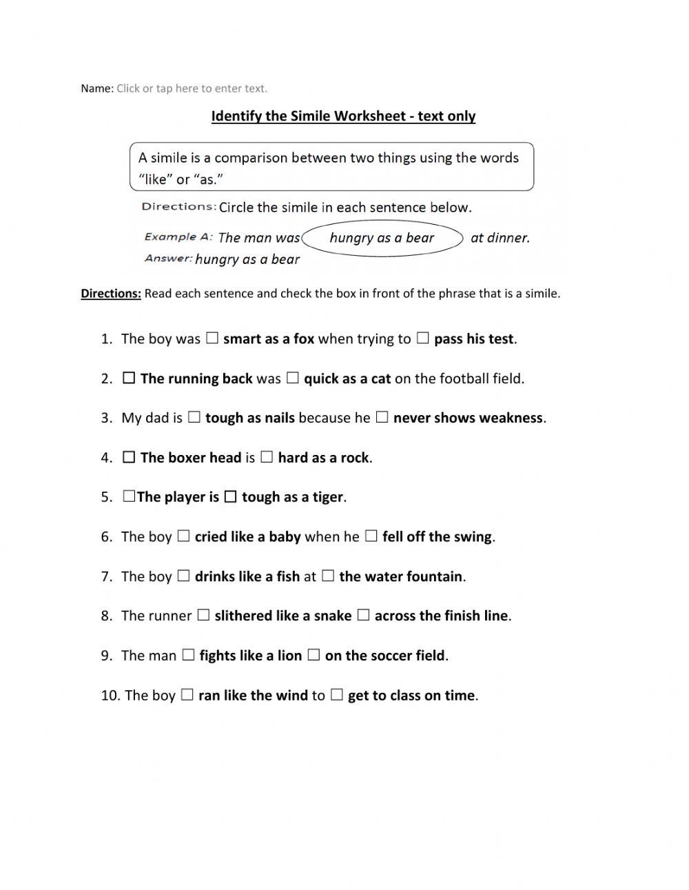 Identify the Simile Worksheet text only