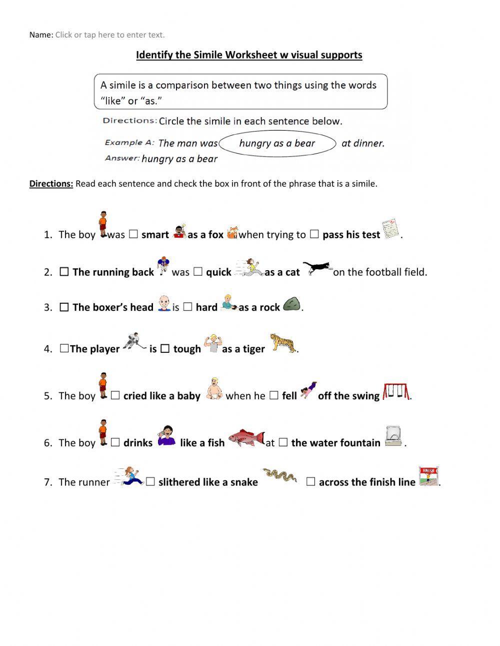 Identify the Simile Worksheet w visual supports