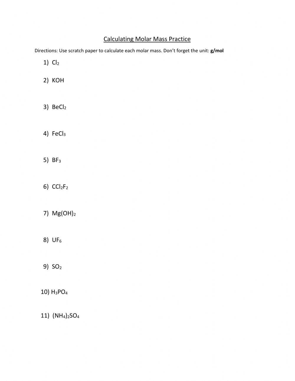 Molar Mass Practice