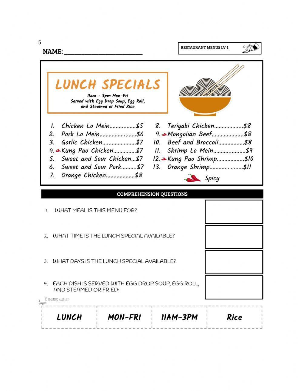 Lunch Specials - Low Level