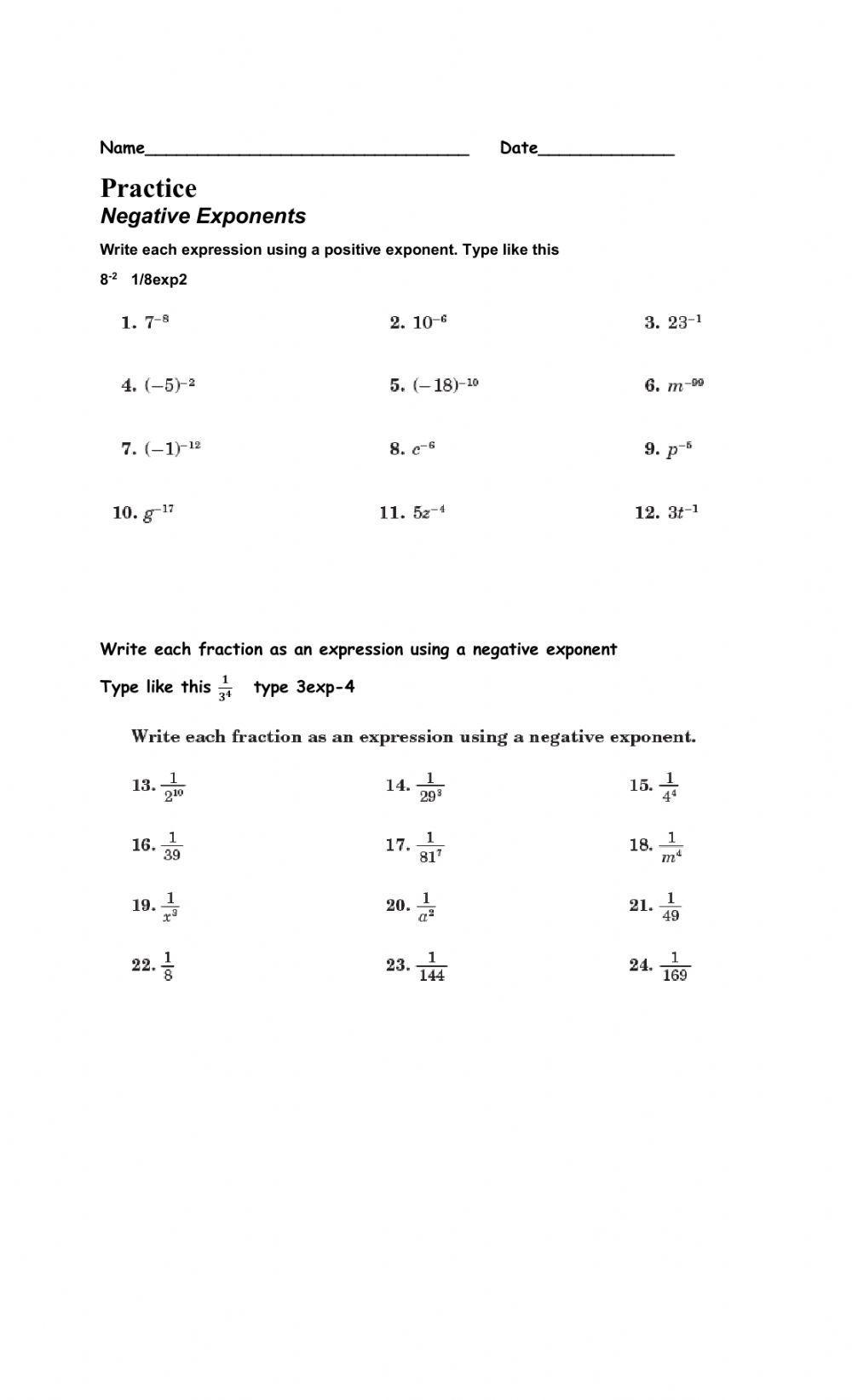 Negative Exponents