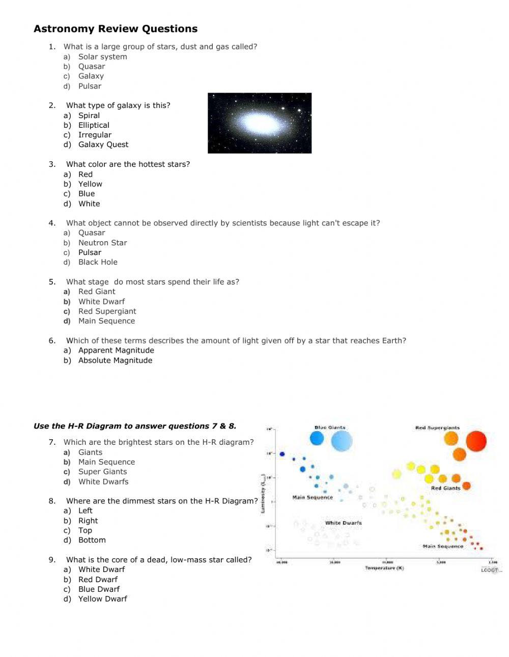 Astronomy Worksheet