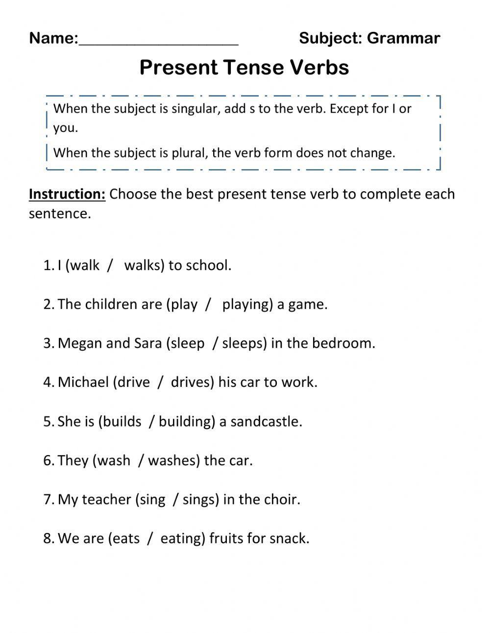 Present tense verbs worksheet | Live Worksheets