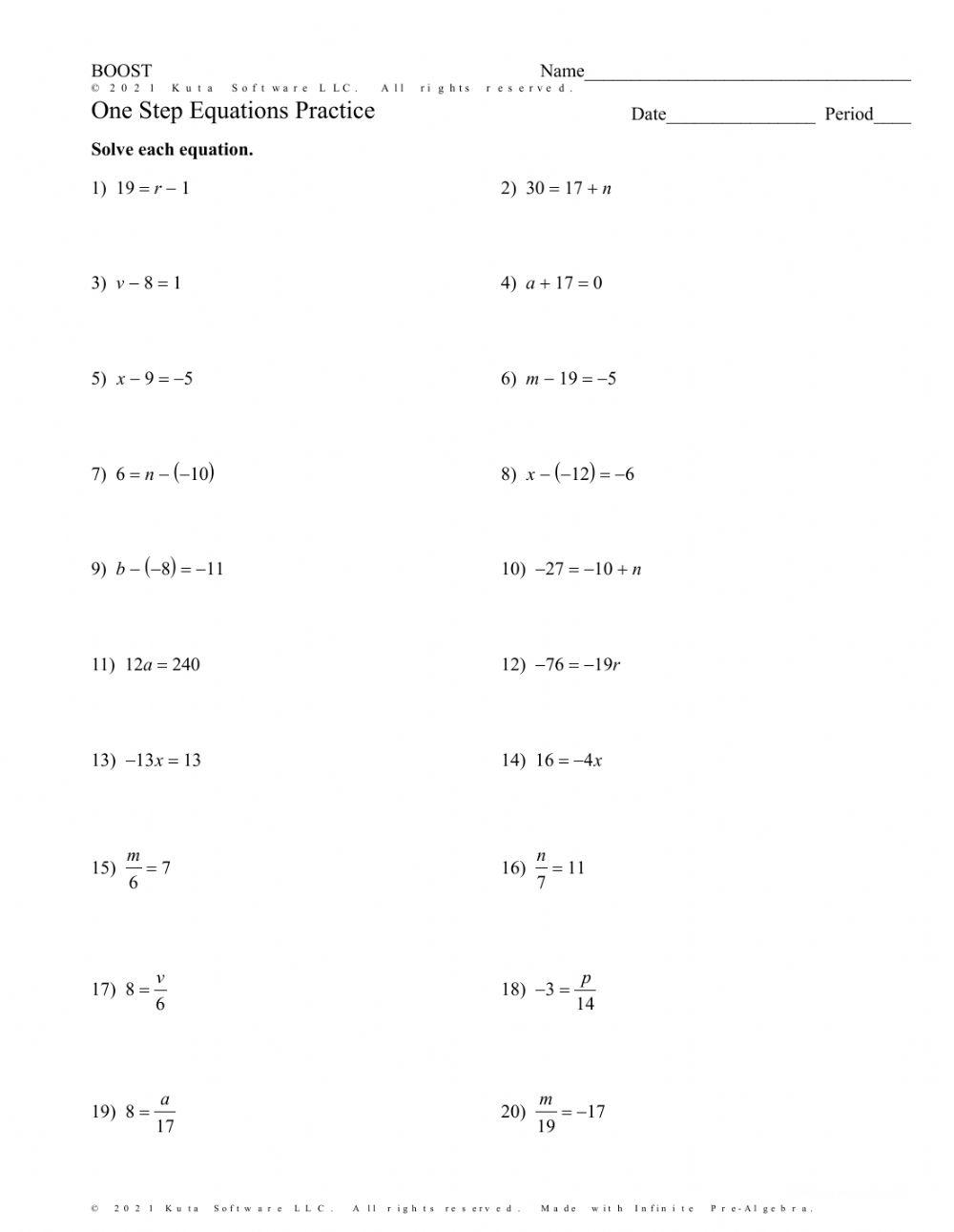 BOOST One Step Equations Practice