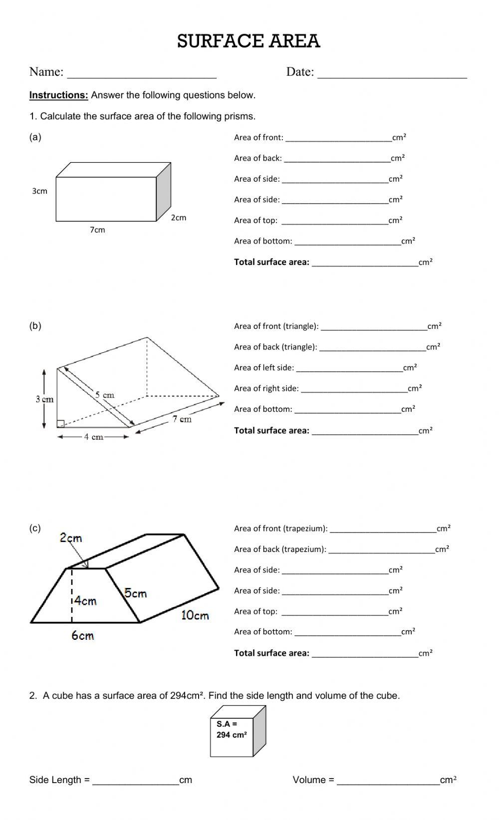Surface Area Worksheet 1 online exercise for Live Worksheets