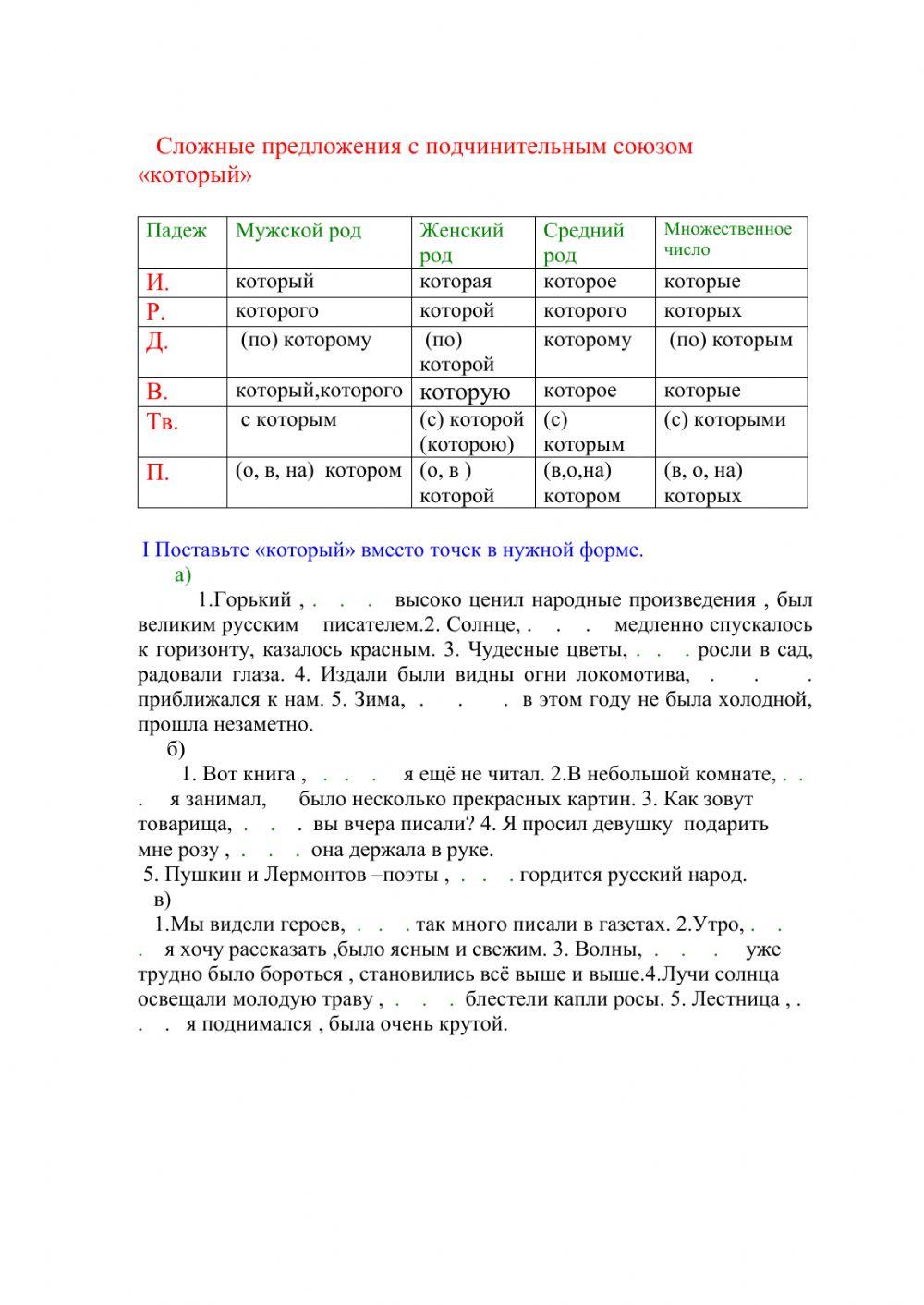 Сложные предложения с подчинительным союзом «который»