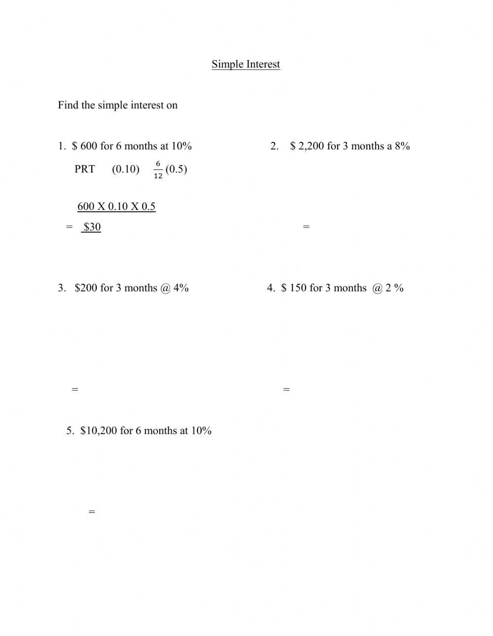 Simple interest using months in time worksheet Live Worksheets