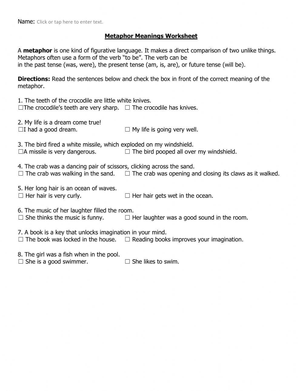 Metaphor Meaning Worksheet text only