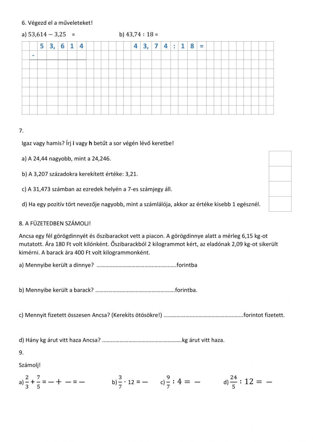 Tájékozódó mérés, matematika 6