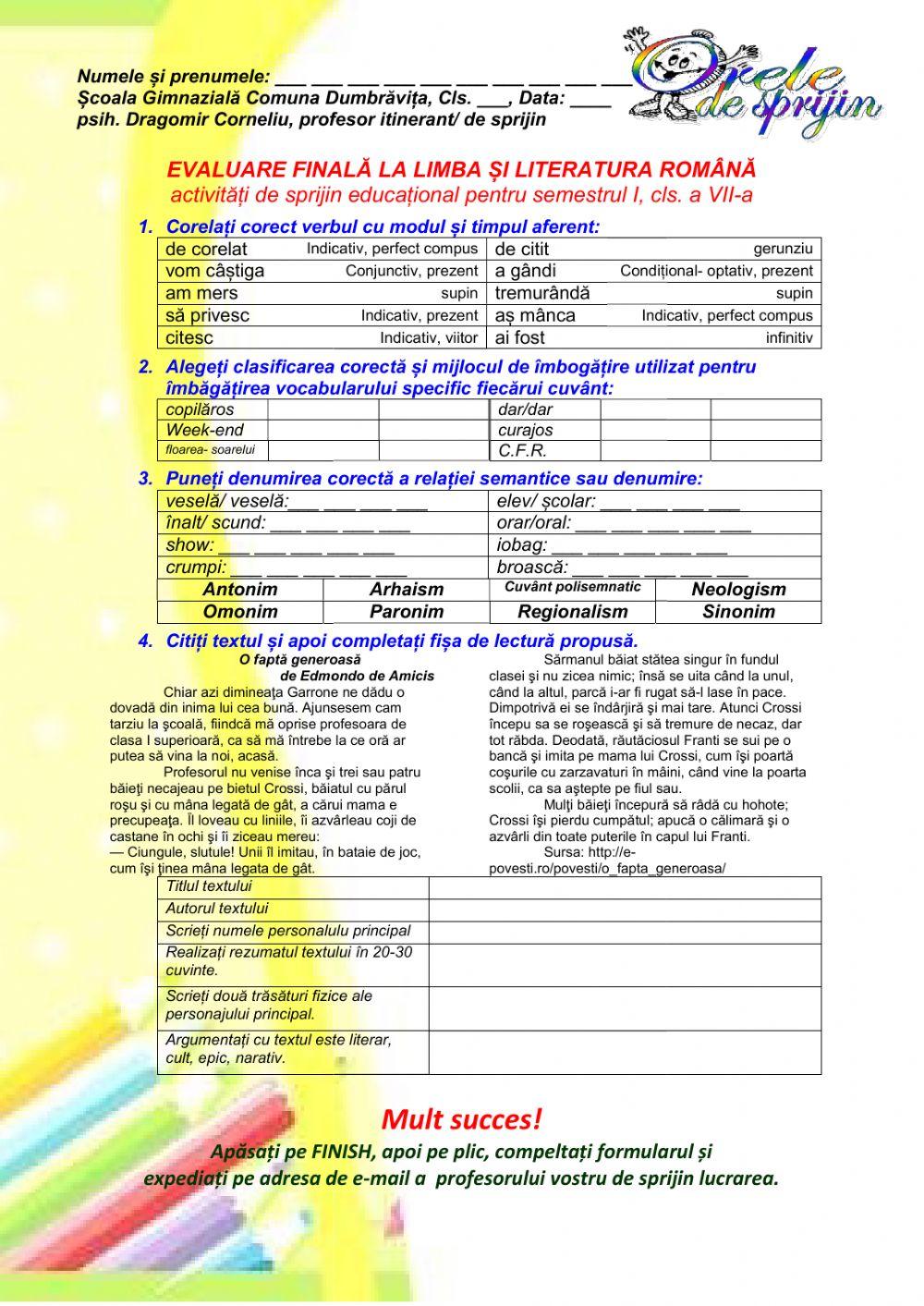 Evaluare finala semestriala Lb Romana, cls VII, semestrul I