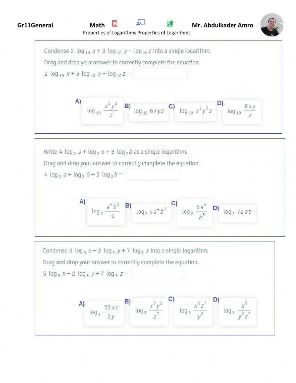 Properties Of Logarithms Worksheet