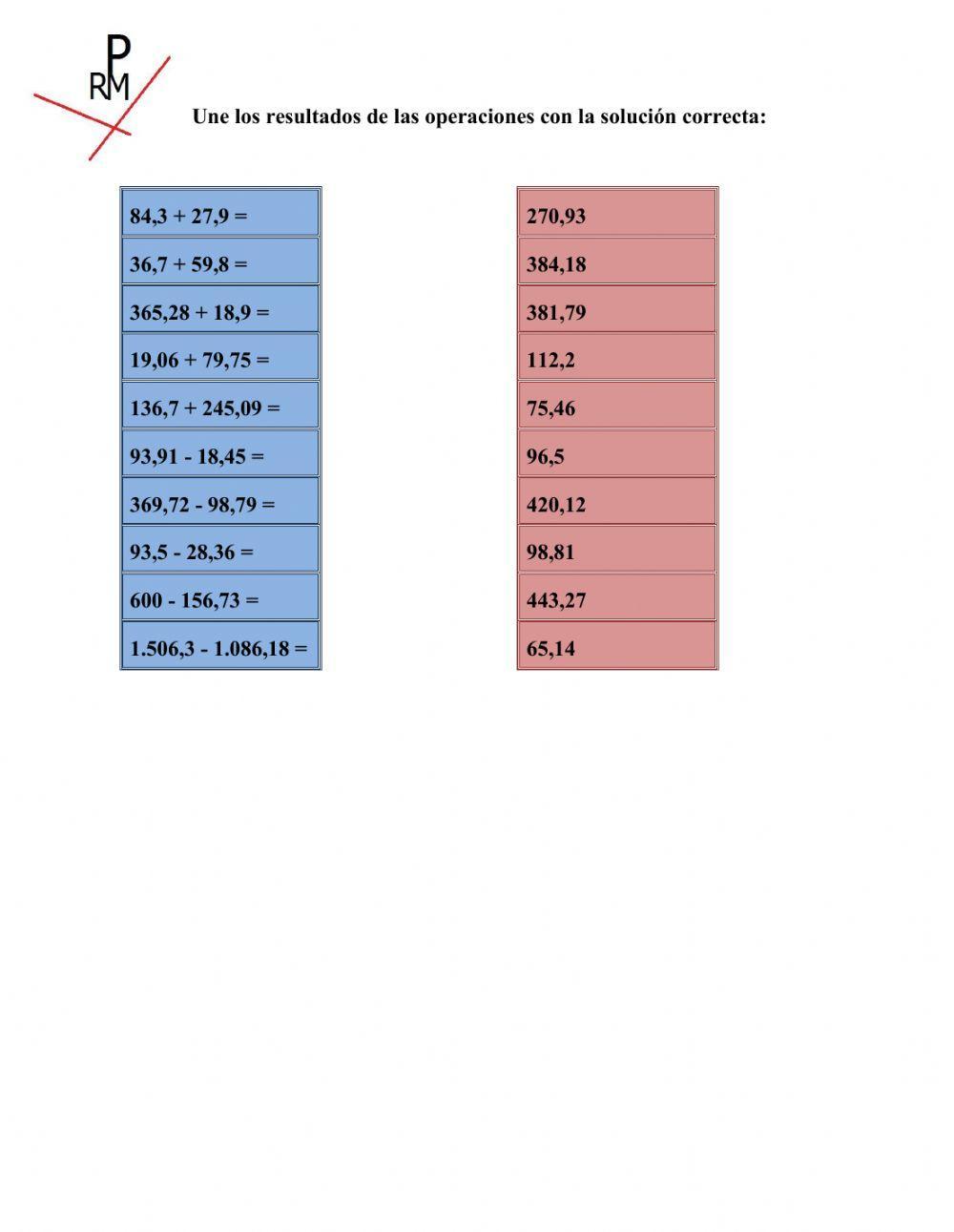 Sumas y restas de números decimales.
