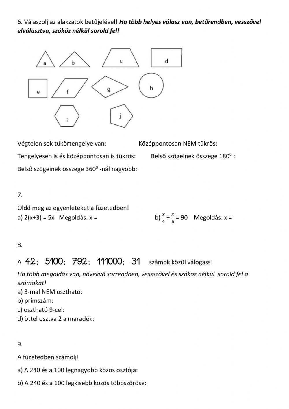 Tájékozódó mérés, matematika 8