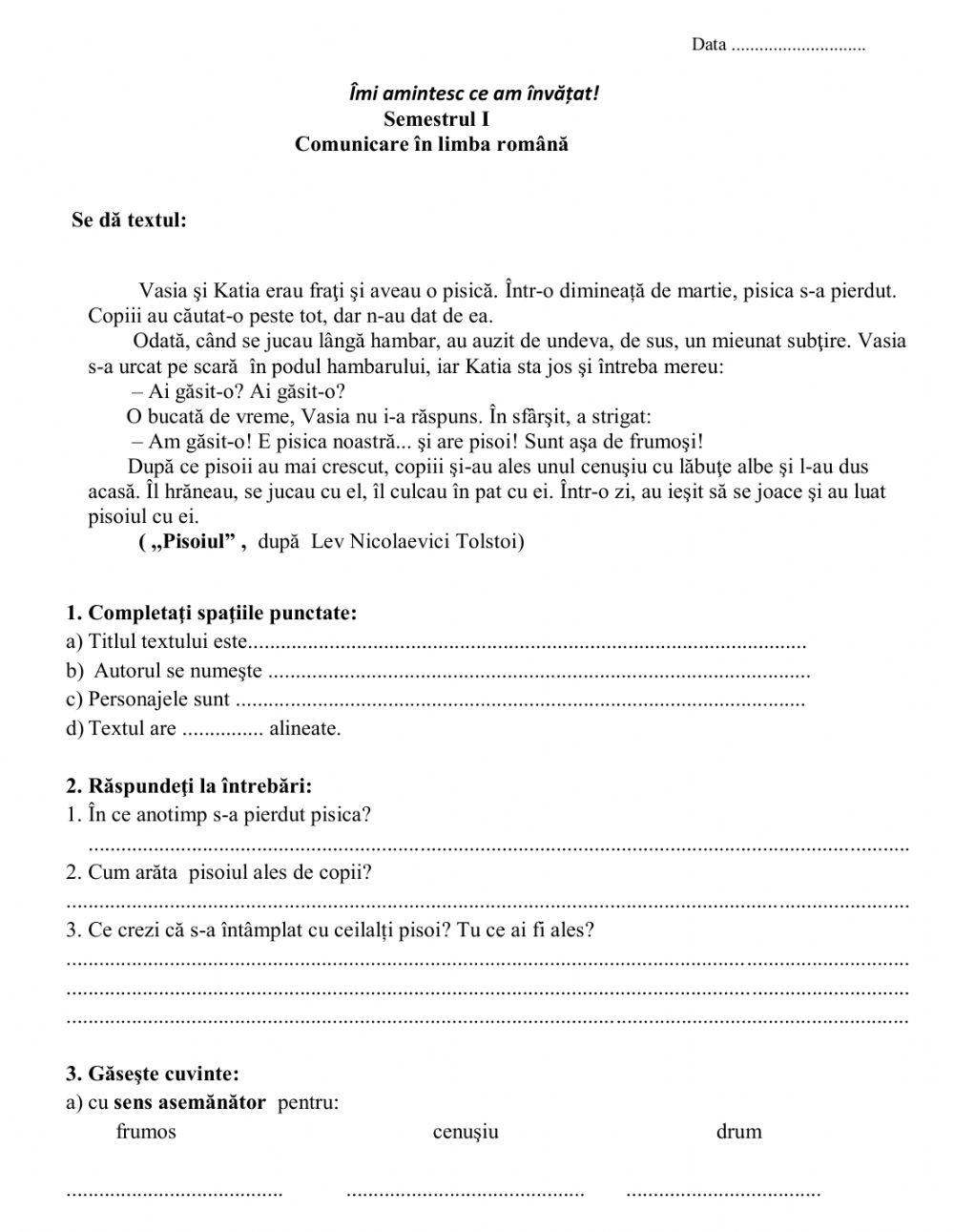 Clasa a II-a, semestrul I - Îmi amintesc ce am învățat la Comunicare în limba română!