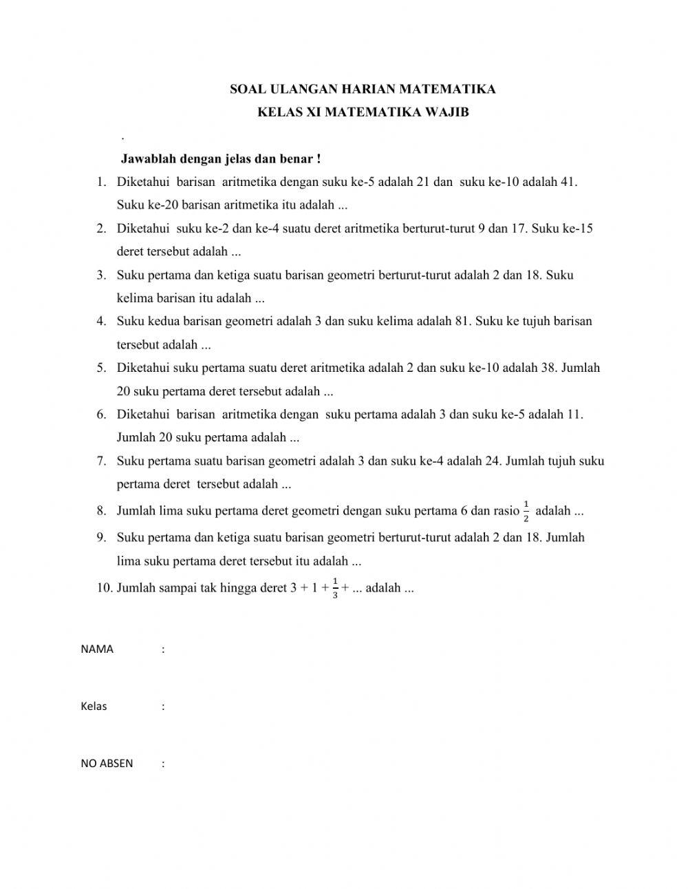 Ulangan soal barisan dan deret