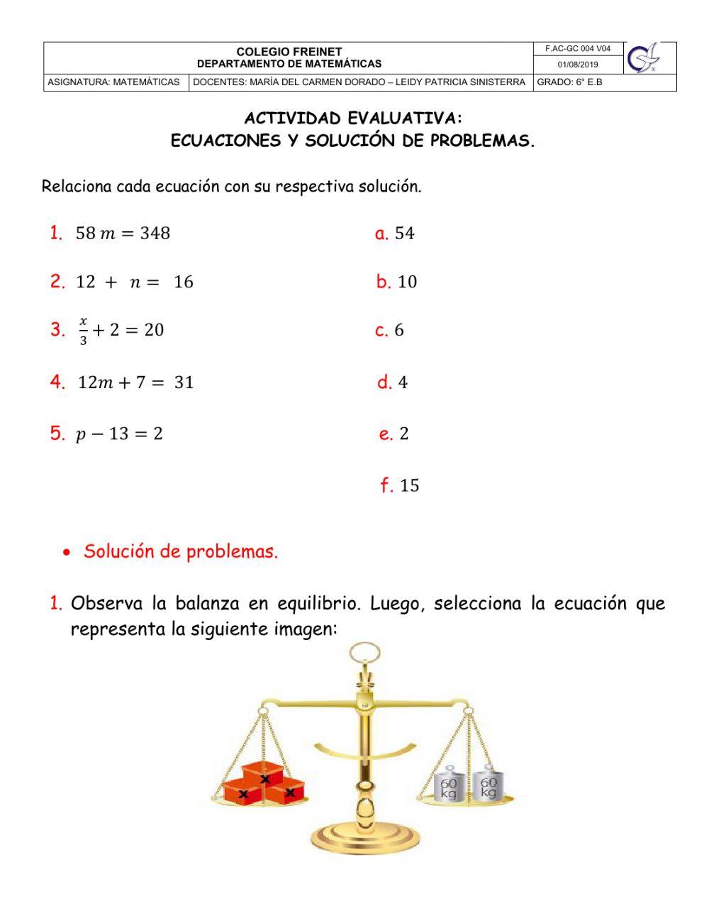 Actividad evaluativa ECUACIONES Y SOLUCIÓN DE PROBLEMAS