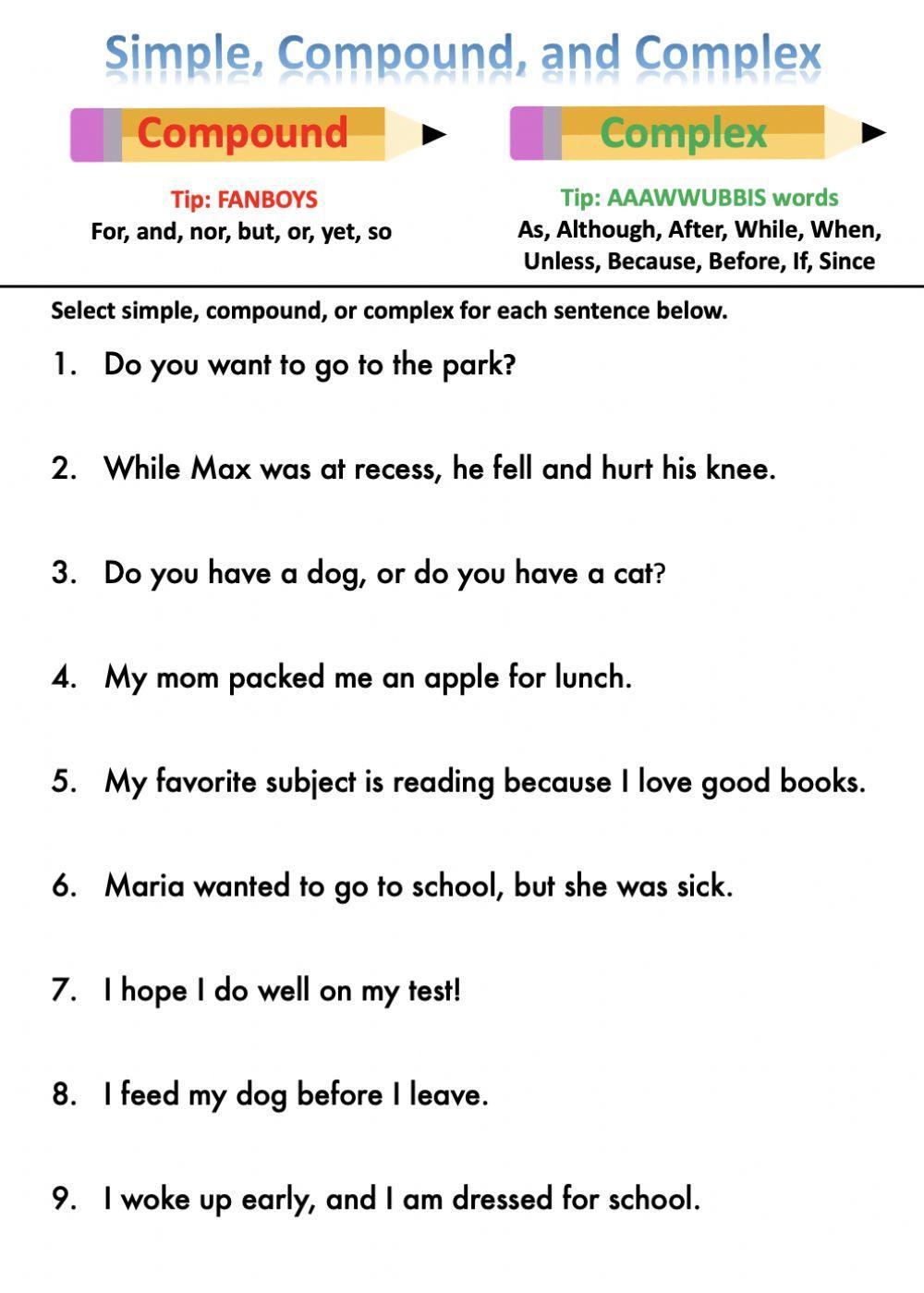 Simple Compound Or Complex Sentences Worksheet
