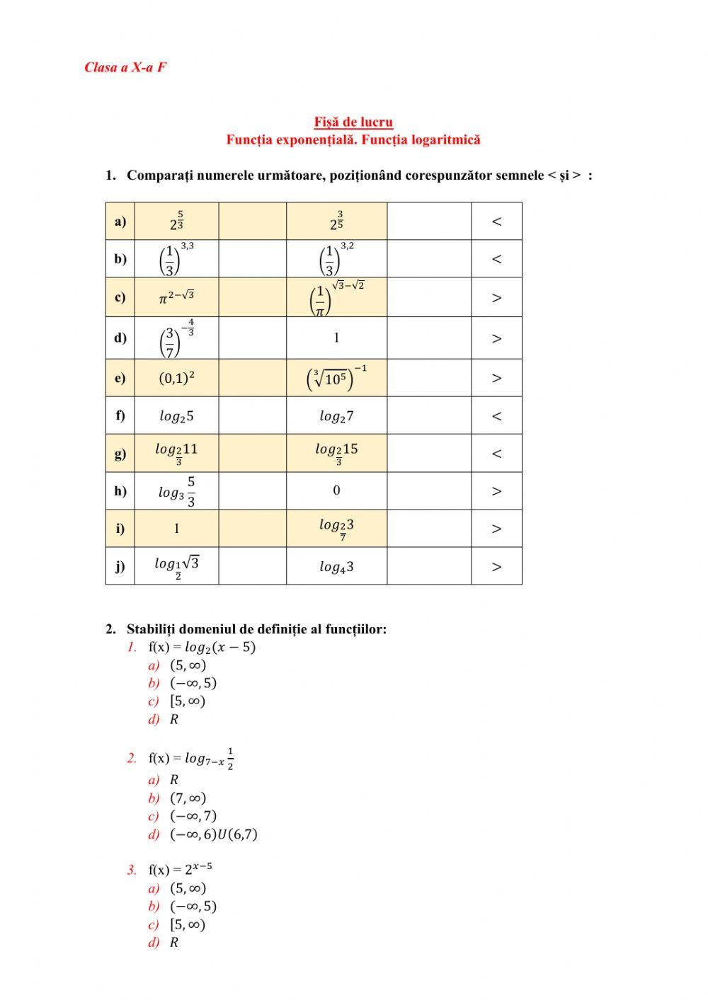 Funcția exponentiale. Funcția logaritmică