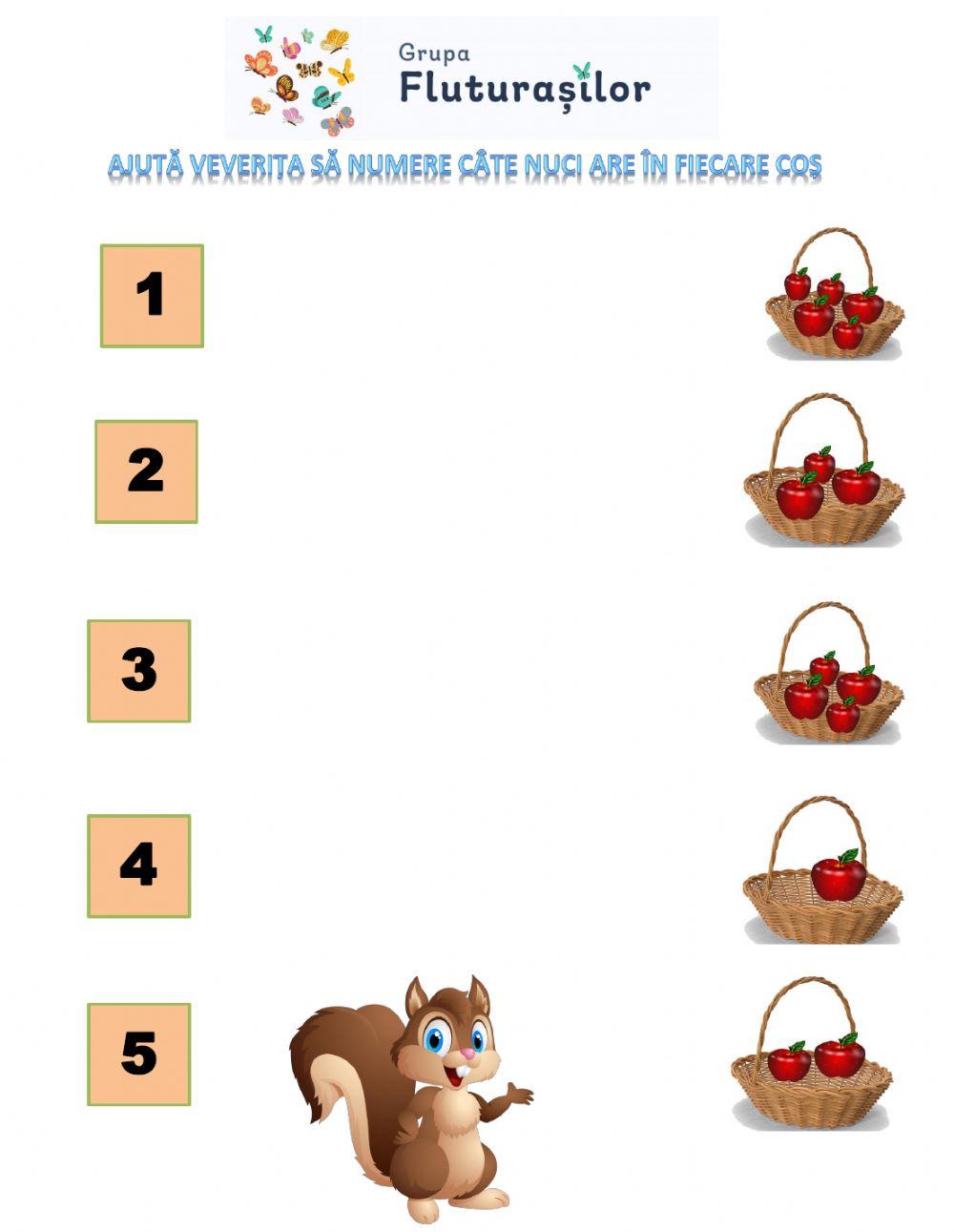 Ajutăm veverița să numere câte nuci are în coș