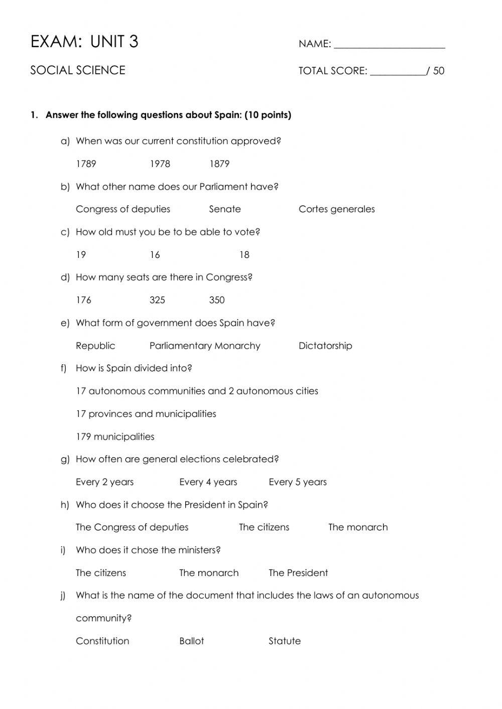 Social Science Unit 3. test. 6ºEP