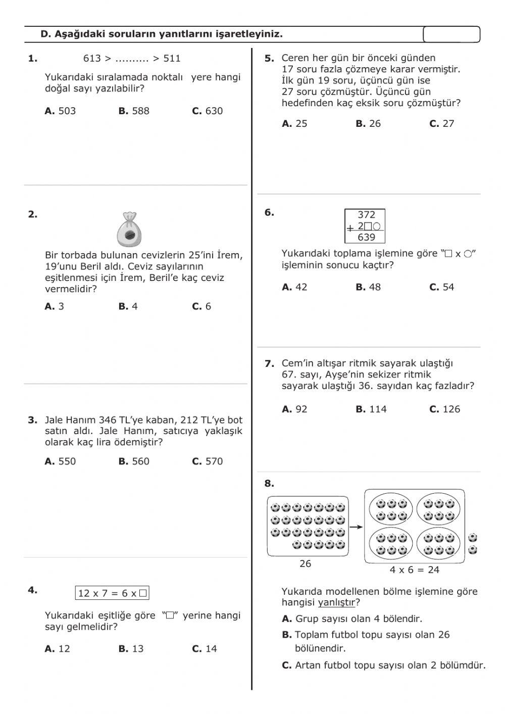 2.dönem Matematik hazırbulunuşluluk sınavı