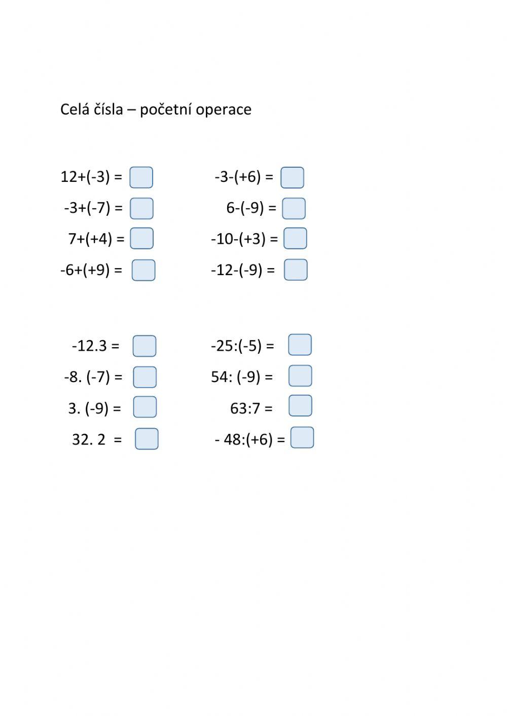 Celá čísla - sčítání, odčítání, násobení, dělení
