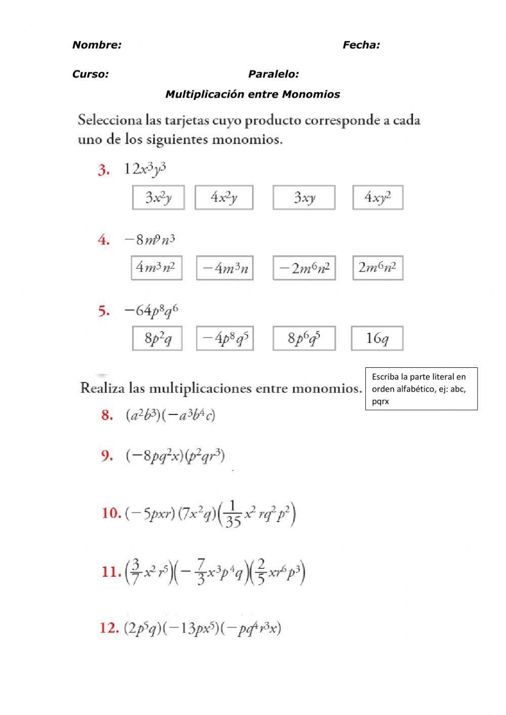 Multiplicación de Monomios y Monomio por Polinomio