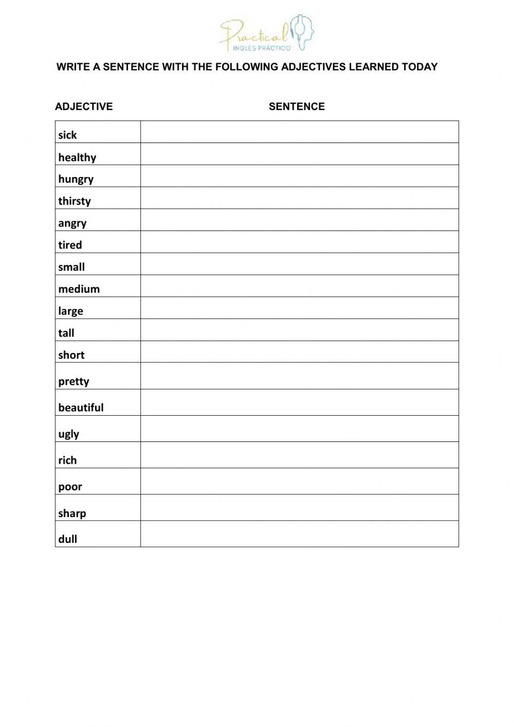 Write a sentence with the adjective - part 4 worksheet | Live Worksheets