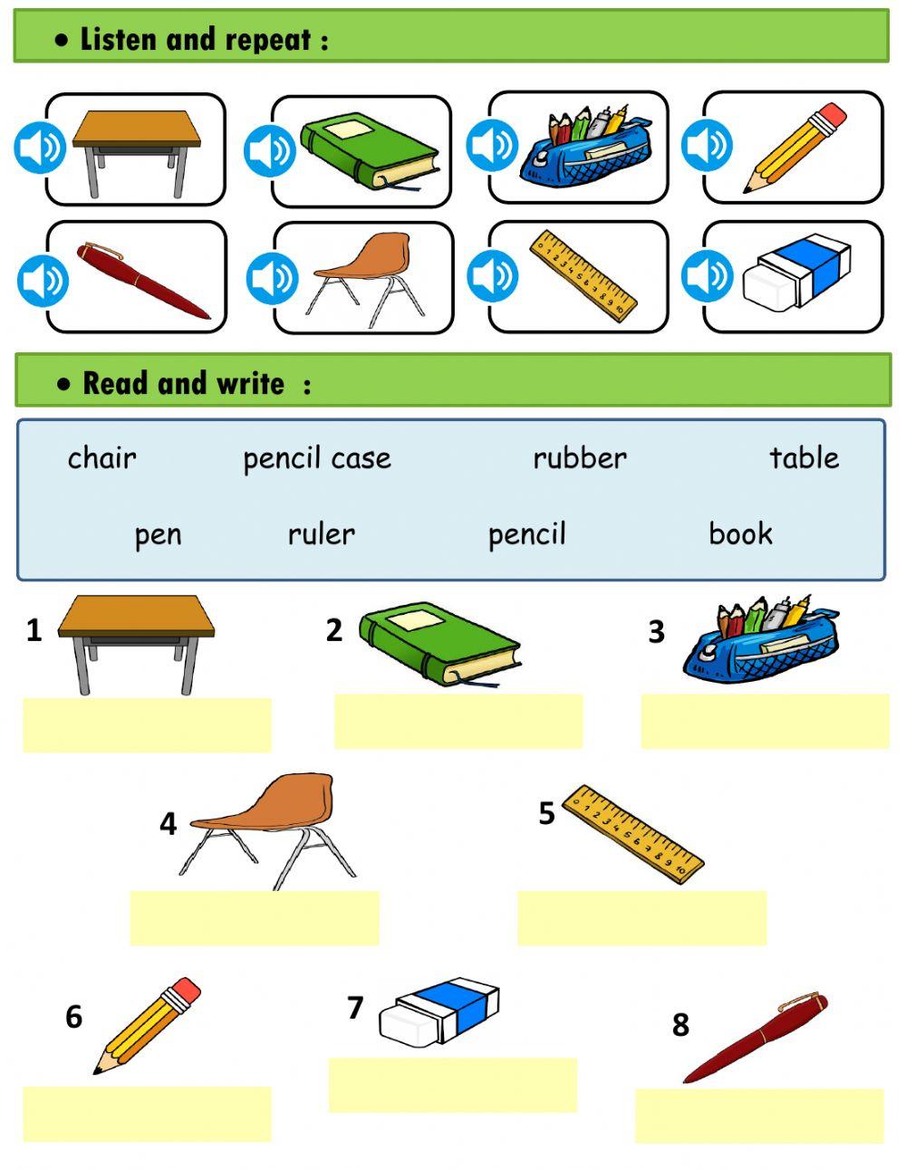 Read and match (classroom objects)