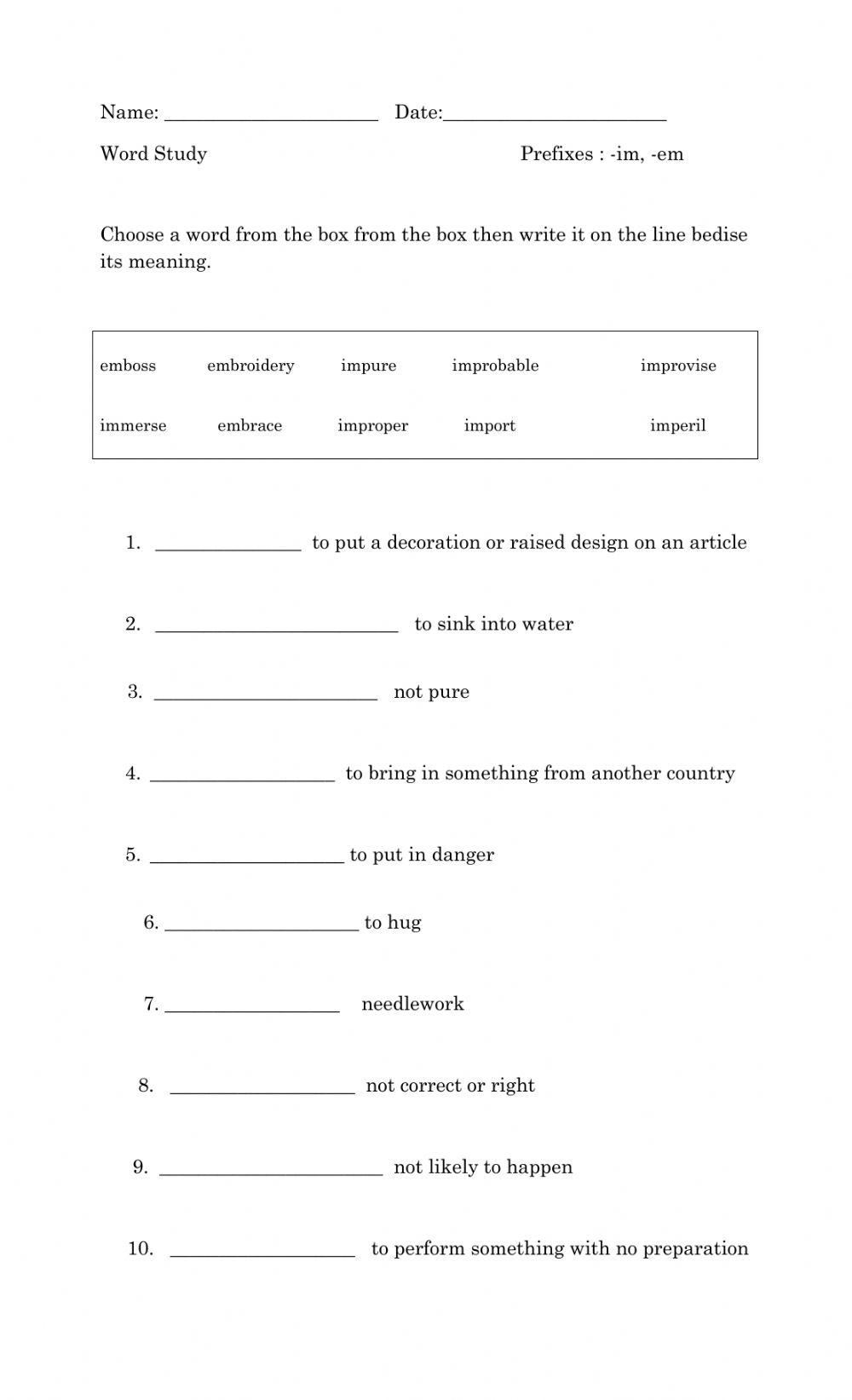 PREFIXES IM AND EM WORKSHEET online exercise for | Live Worksheets