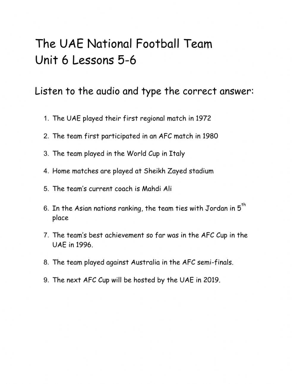 Lessons 5–6 Football: Listening activity
