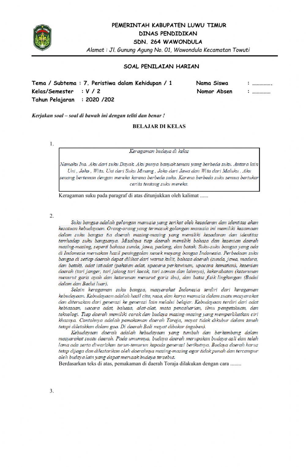 Penilaian Harian Tema 7 Subtema 1