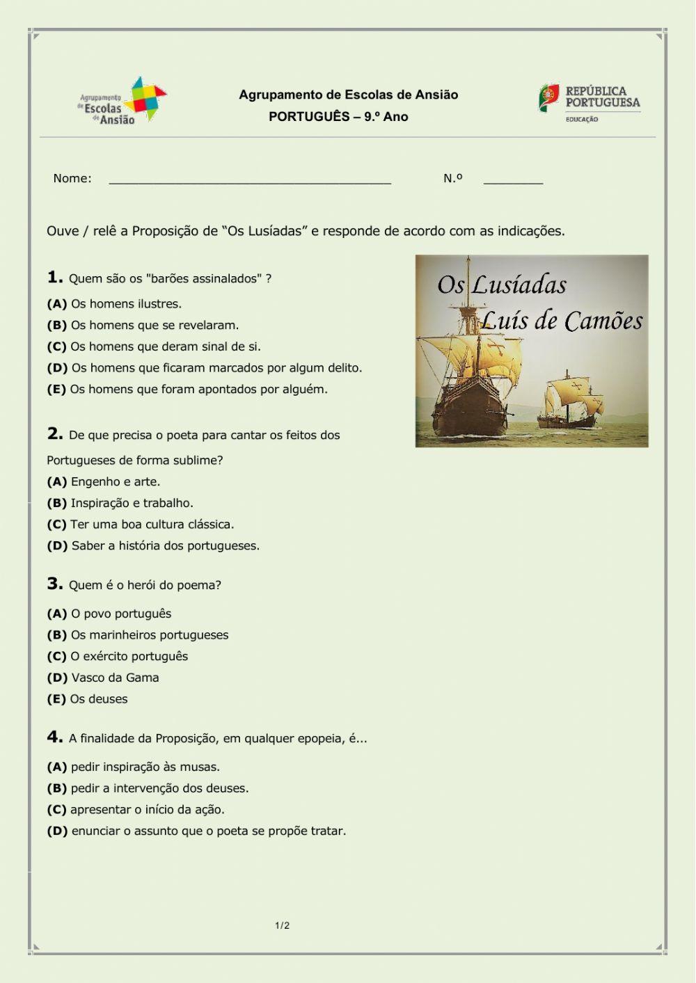 Ficha de trabalho os lus adas proposi o online exercise for