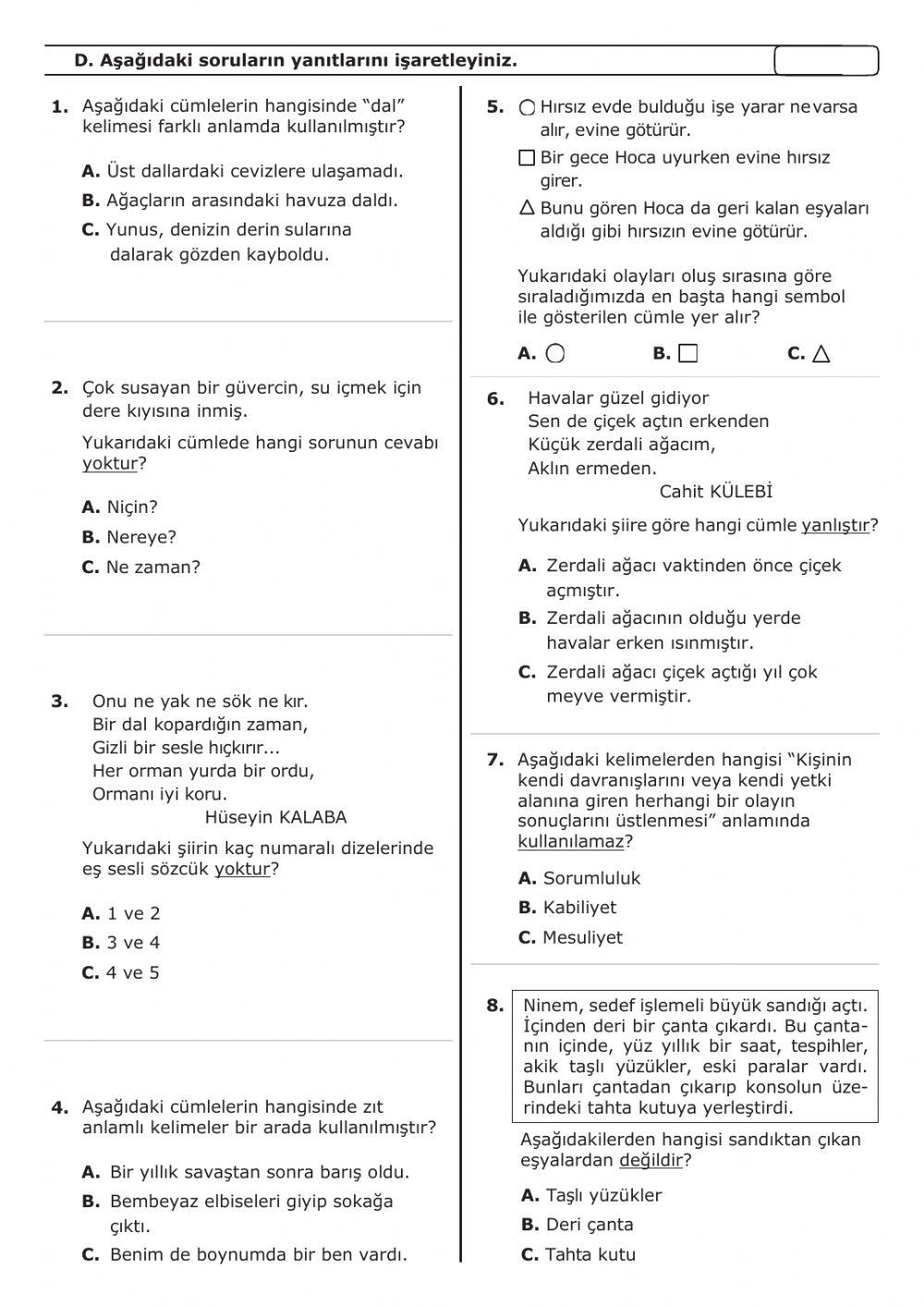 2.dönem Türkçe hazırbulunuşluluk sınavı