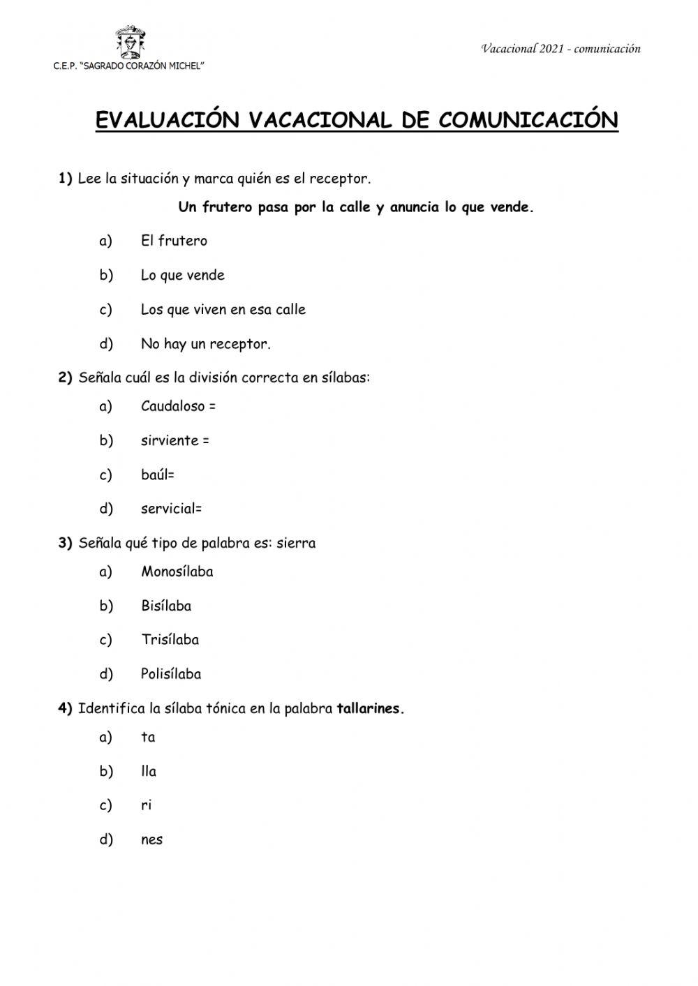 Evaluación vacacional comunicación