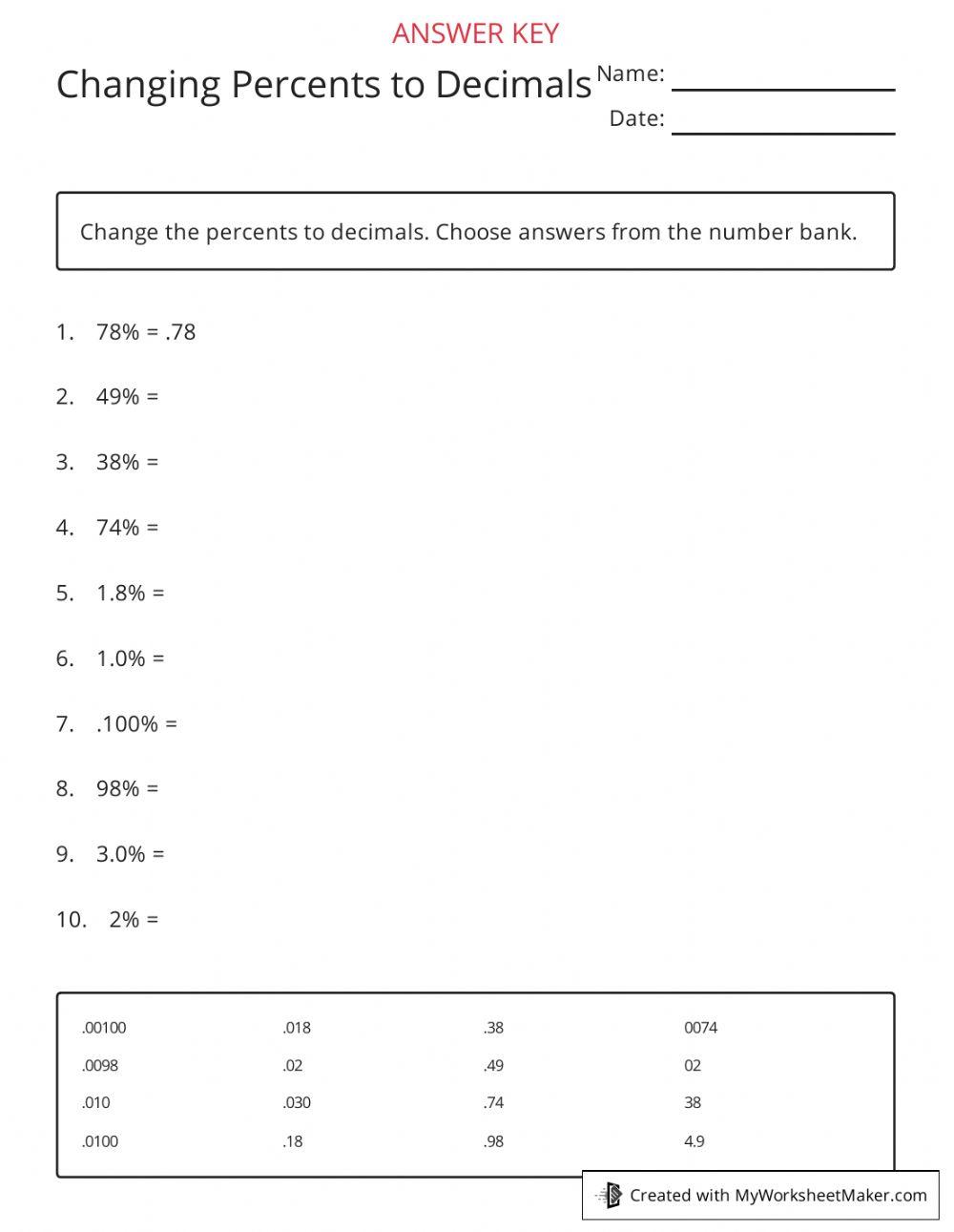 Percents to Decimals