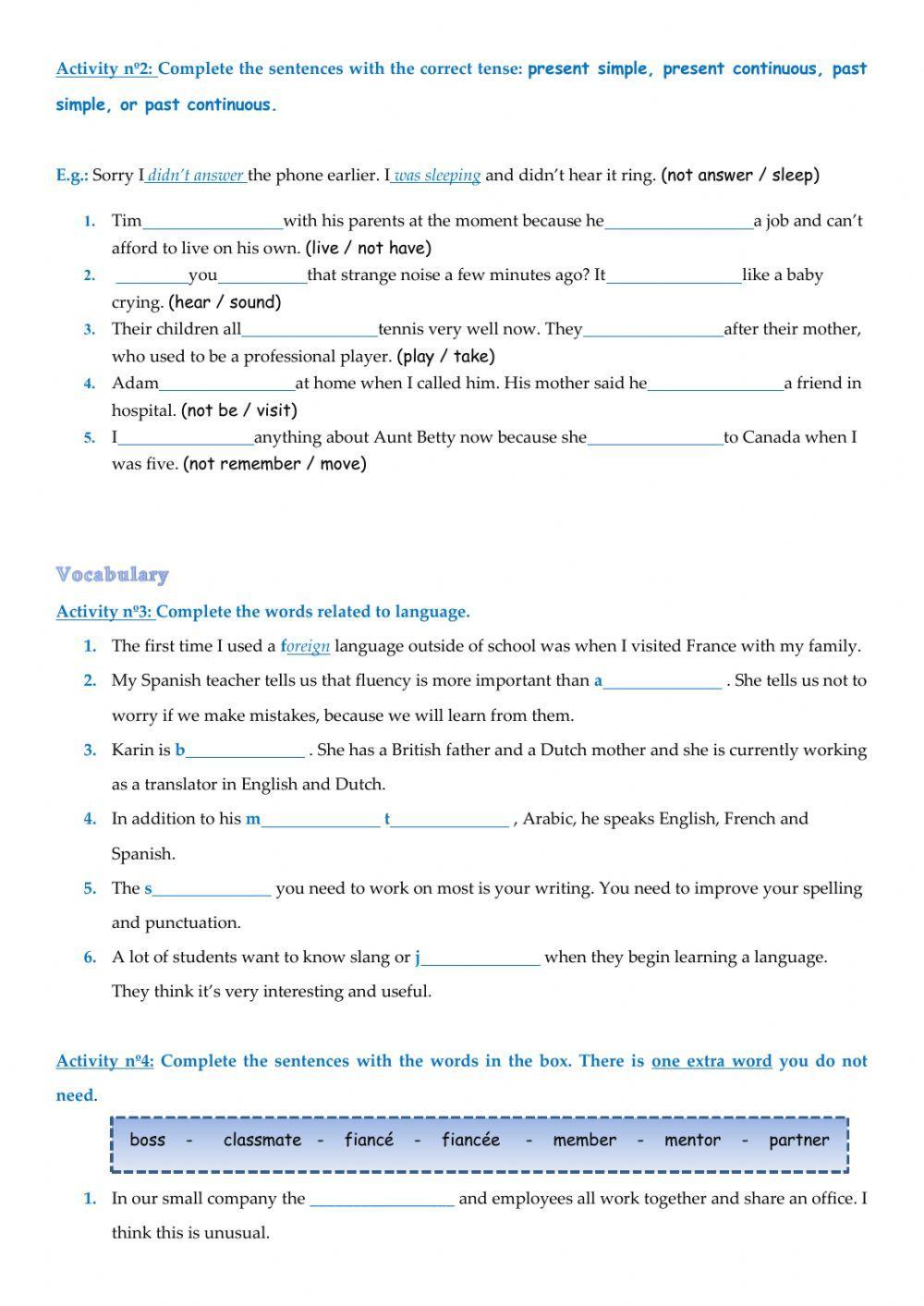 Grammar and Vocabulary Test 1 - Speakout Intermediate