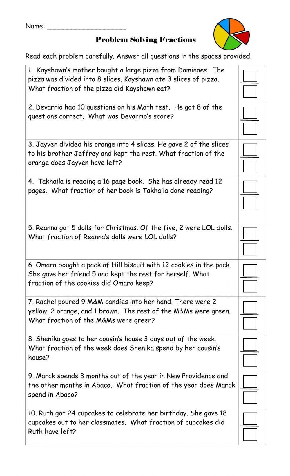 problem solving of fractions worksheet