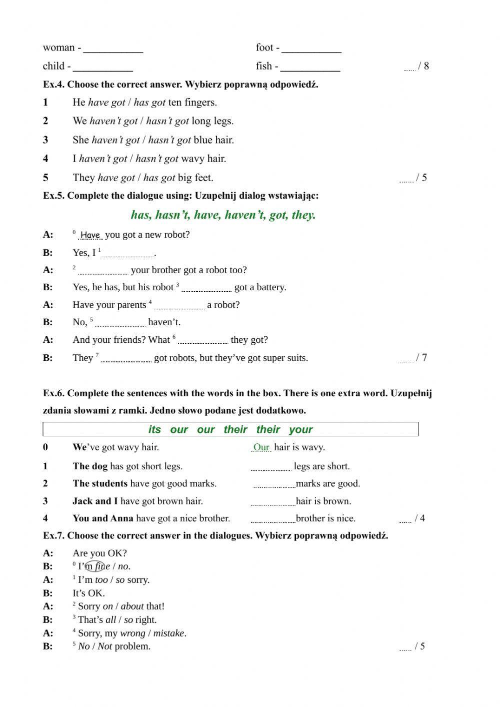 English class a1 unit 4 test