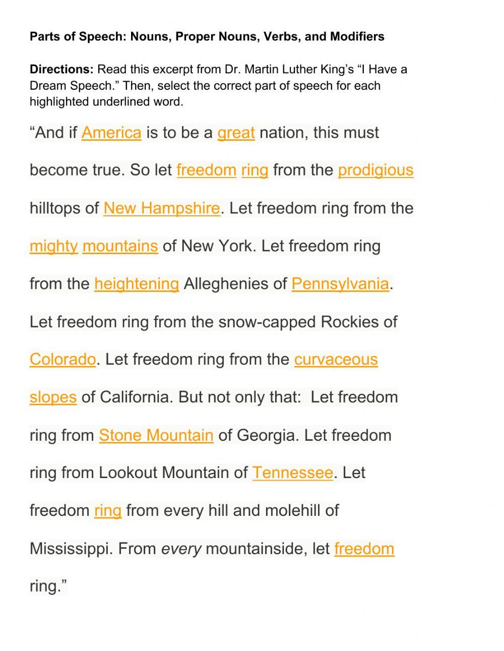 I Have A Dream Parts of Speech