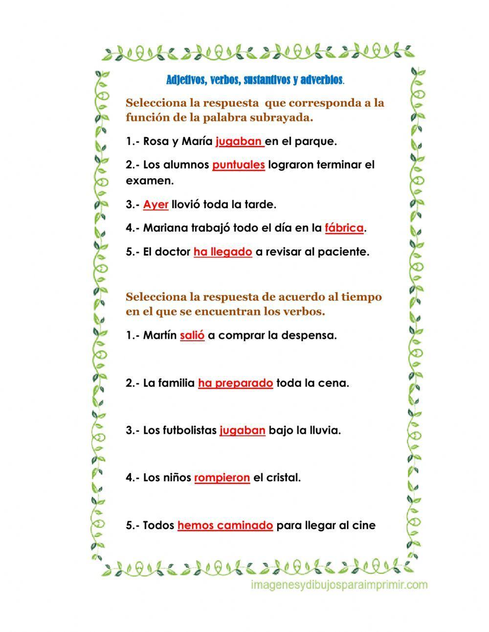 Verbos, adjetivos, sustantivos y adverbios