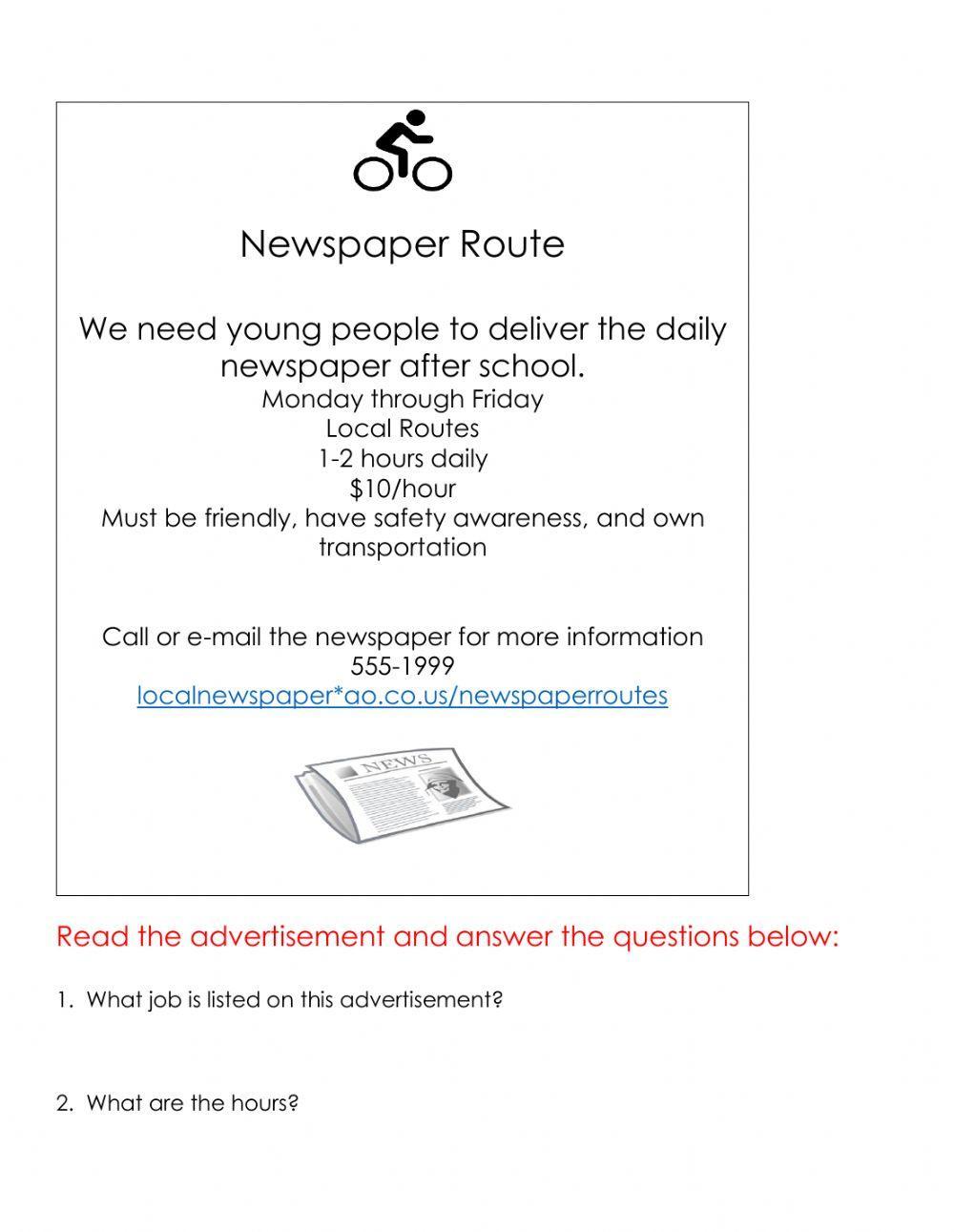 Reading a Help Wanted Advertisement (Newspaper Delivery Person)