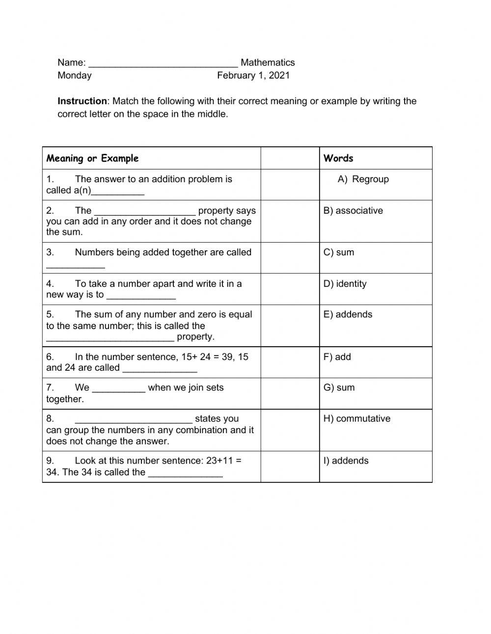 Addition within 1000 vocabulary worksheet live worksheets