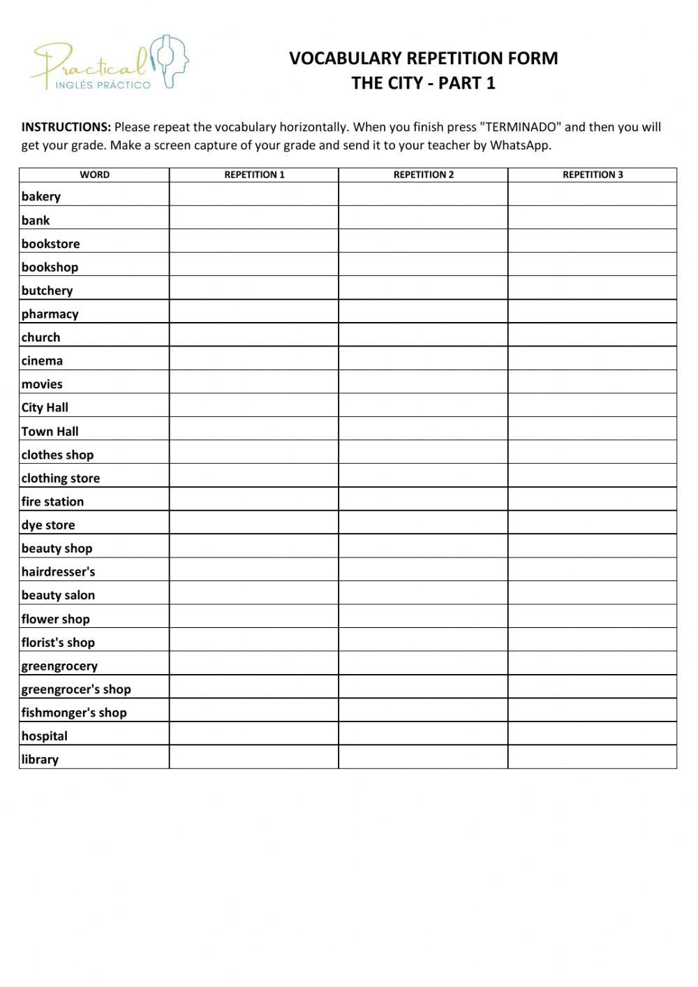 Vocabulary repetition form - the city - part 1