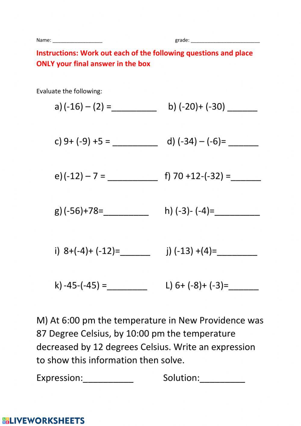 Integer online activity for 7 Live Worksheets