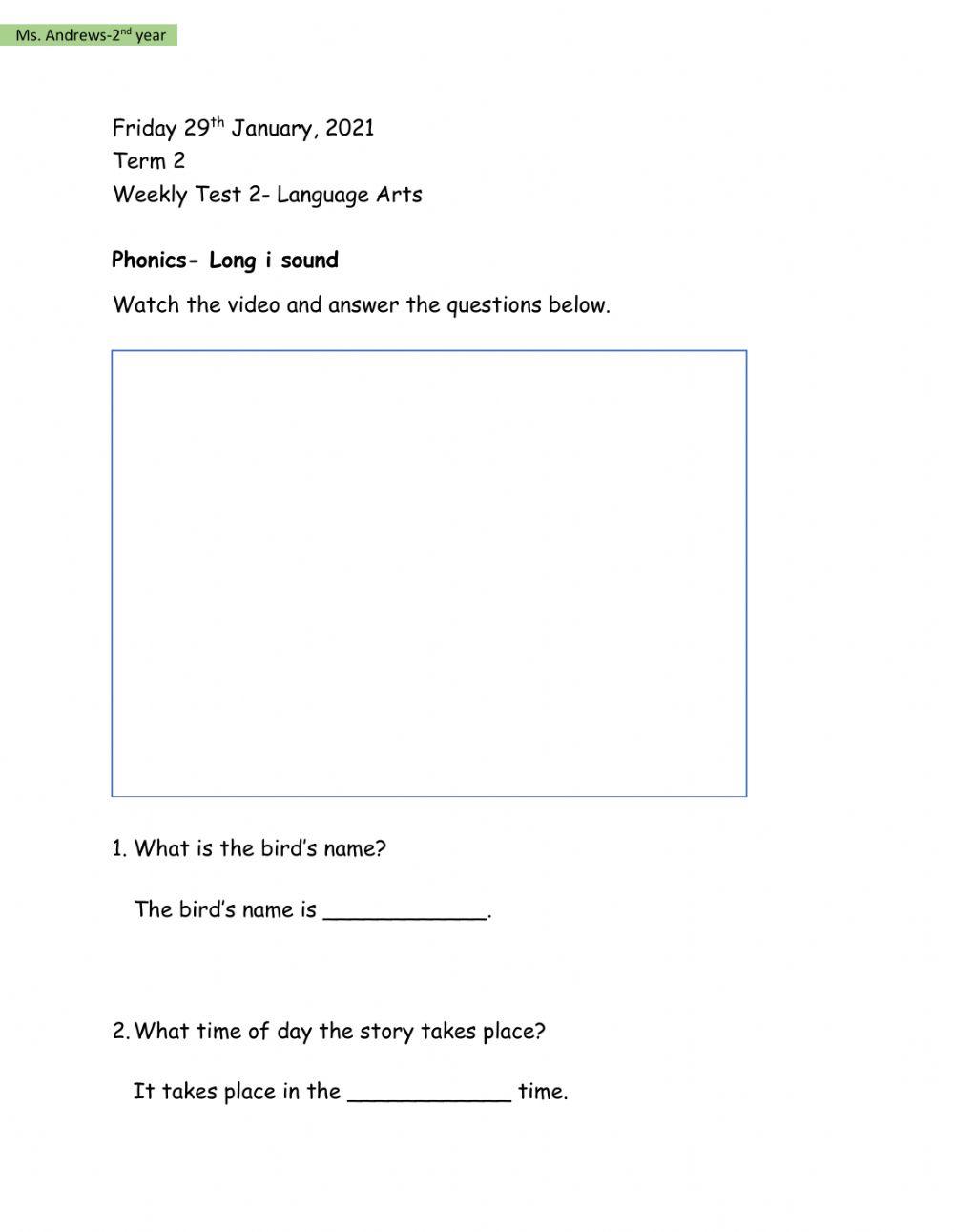 Term 2 Weekly Test 2- Language Arts