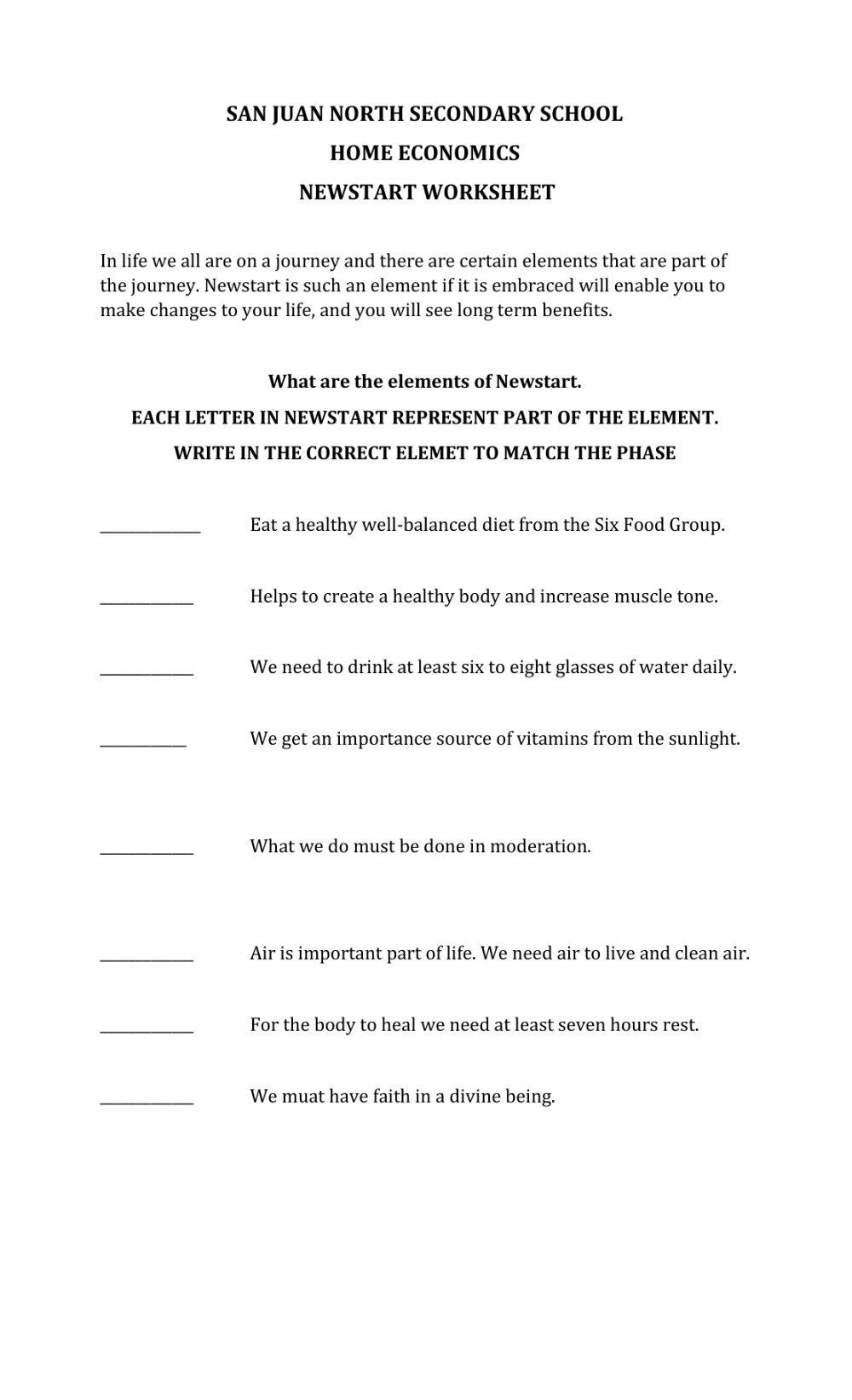 NEWSTART WORKSHEET
