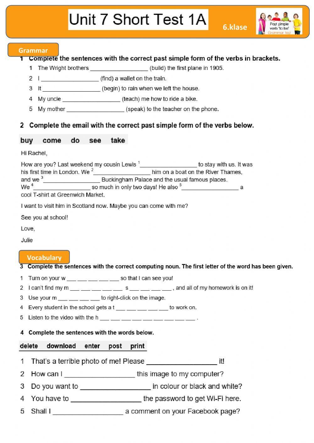 Solutions elementary Unit 7 short test worksheet