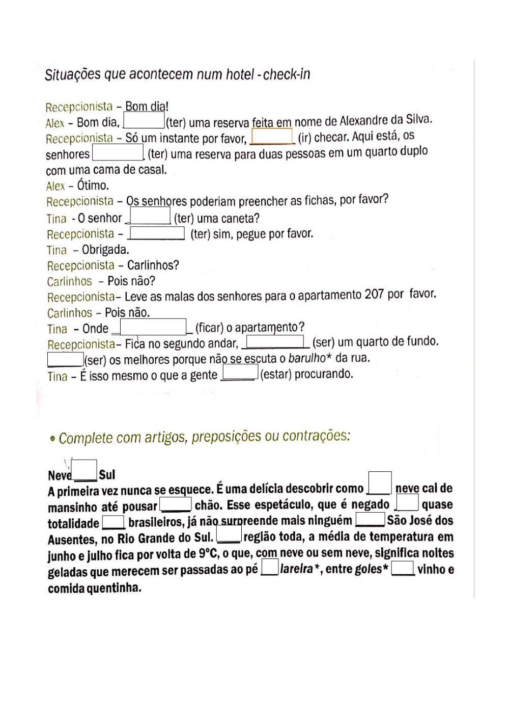 Presente e TEXTo  com artigos contrações e preposições - NO HOTEL DIÁLOGO E